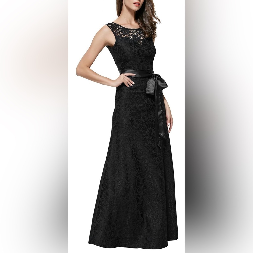 Miusol Black Lace Maxi Dress with Satin Belt